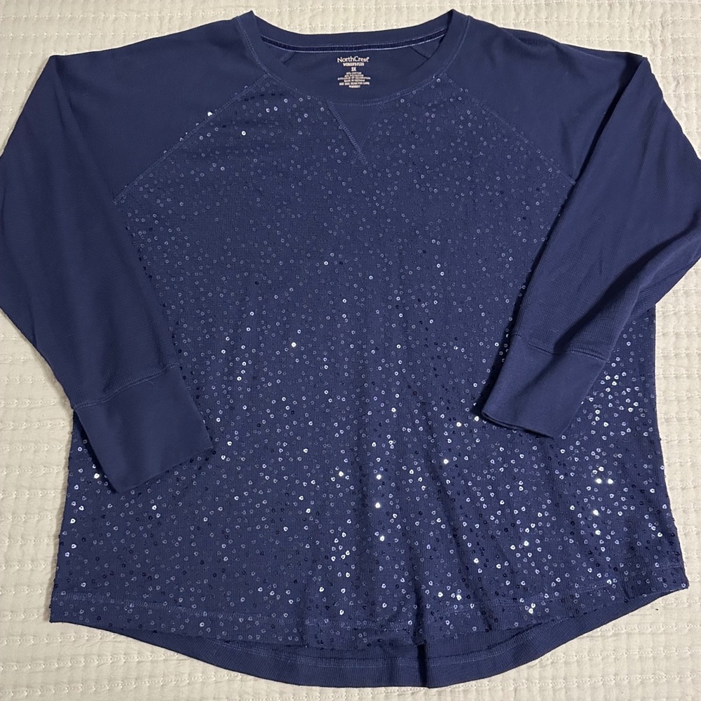 NorthCrest Sequin Top Navy Blue Excellnt Long Sleeve Raglan Crew Neck 3X Holiday
